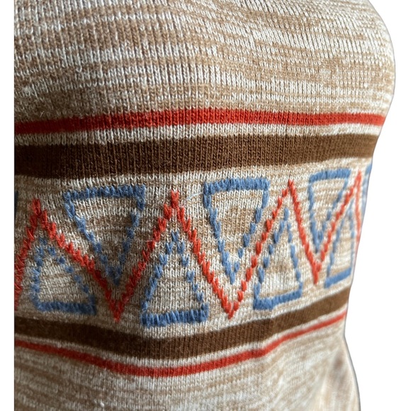Vintage 70s Knit Space Dye Geometric Collared V-Neck Long Sleeve Brown Sweater - Picture 9 of 10